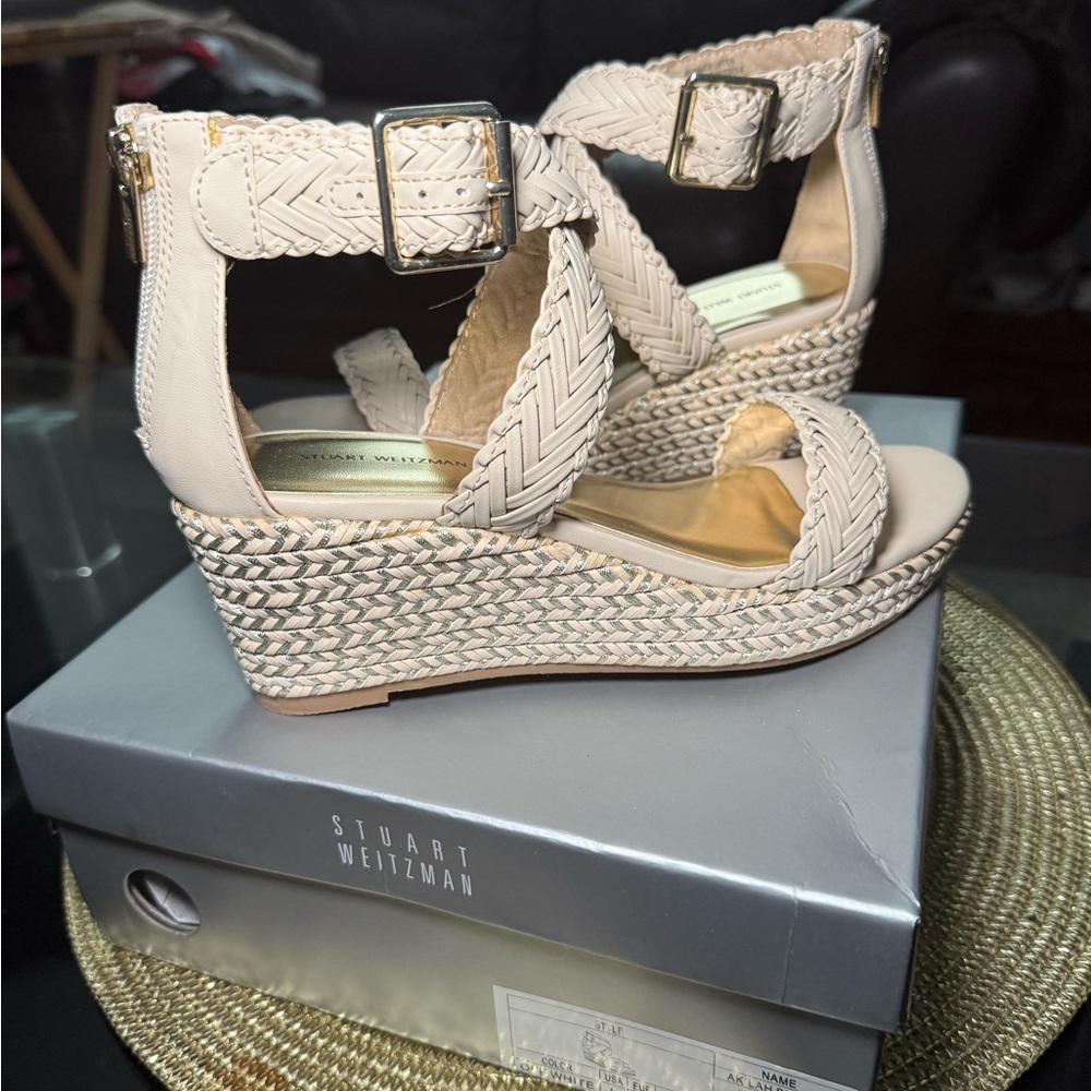 Stuart Weitzman Cream Wedge Sandals with Braided Texture
